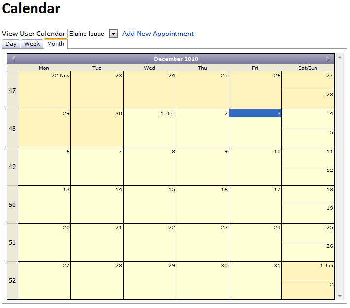 An example of the user calendar with the day, week and month tabs.