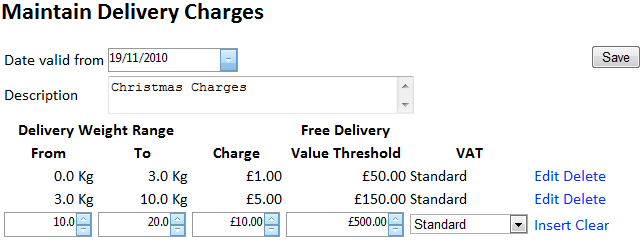 Maintain Delivery Charges Screen