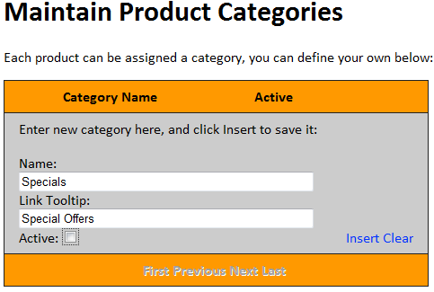 Maintain Product Categories Screen